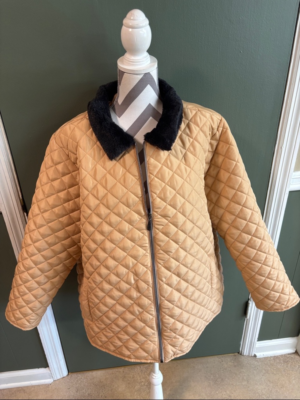 Kim Rogers Quilted Tan Jacket with Black Faux Fur Collar